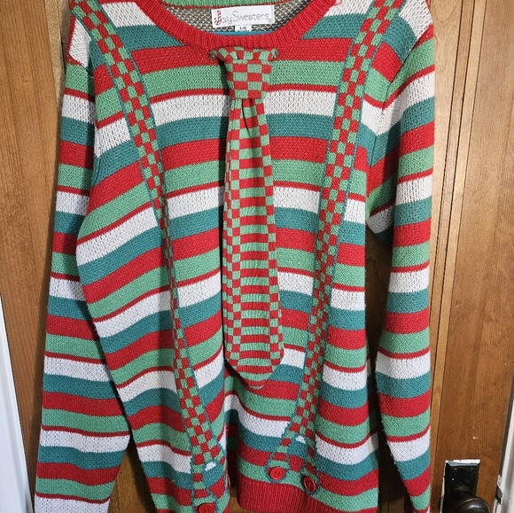 Ugly Christmas Sweater Striped w/Tie & Suspenders, Men's L - Picture 1 of 4
